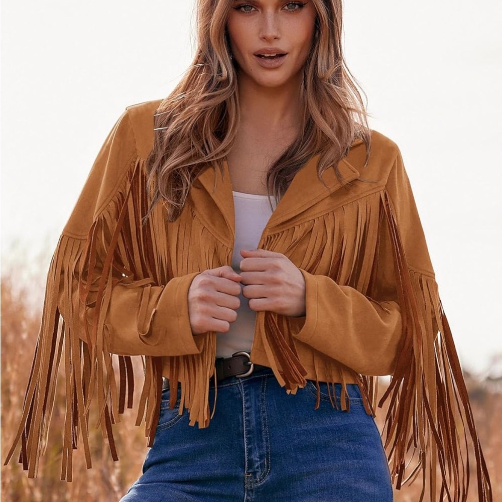 Fringe Tan Jacket boho festival suede - Picture 3 of 4